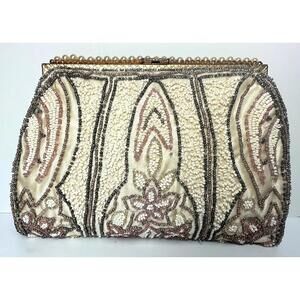 Vintage 50's *Sagil Paris* Beaded Pearl Gold Evening Clutch Purse Bag